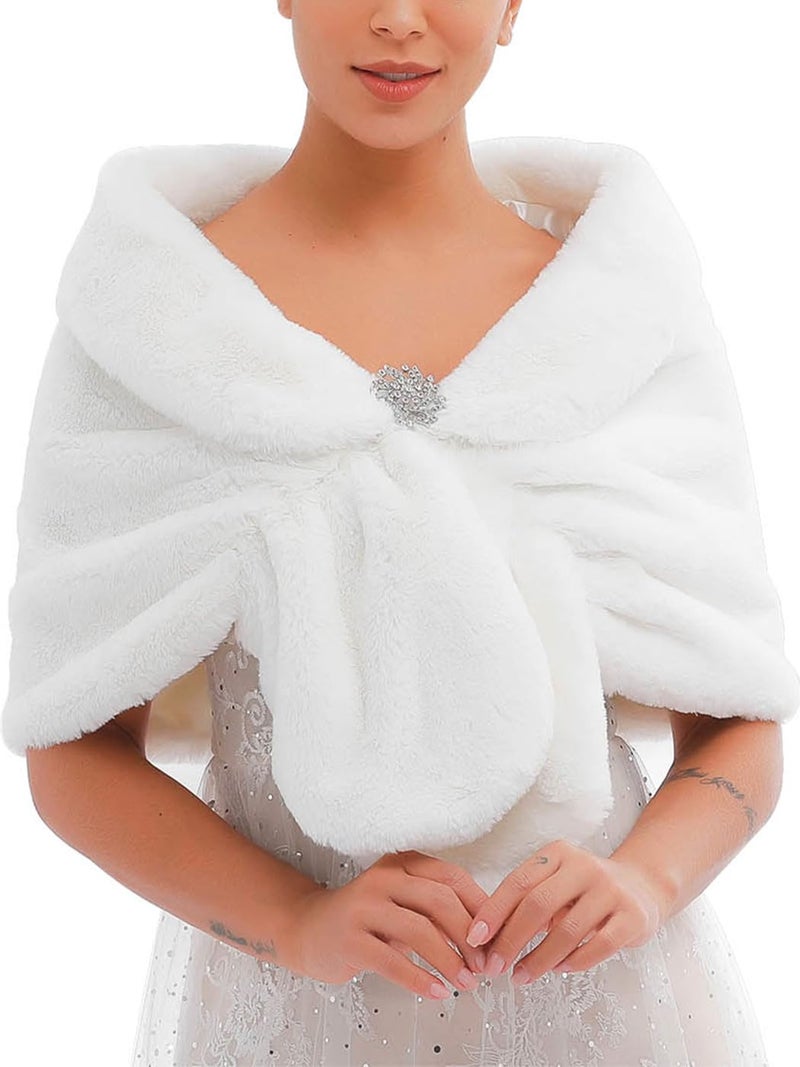EARENT Women's Faux Fur Shawls and Wraps Bride Wedding Sleeveless 1920s Fur Scarfs Bridal Fur Stoles with Brooch Winter Fur Caplet for Brides and Bridesmaids (White) - Image 1
